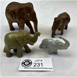 4 Elephants, 3 Carved, 1 Stone, 2 Wood And 1 Metal