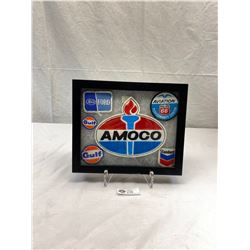 Nice Display Case Of Automotive Patches, Gulf, Amoco, Philip 66, Ford, Etc.