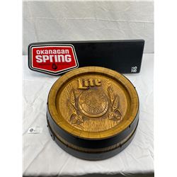 Miller Lite A Fine Pilsner Beer Barrel Top Wall Décor Sign And An Okanagan Spring Brewery Sign Board