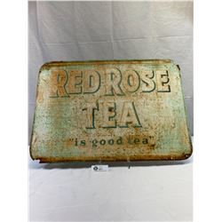 Vintage Red Rose Tea Tin Sign, 27 x19 , As Found