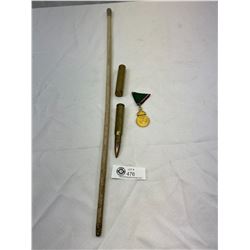 Nice Military Collectible Lot Of Metal Plus 2 Artillery Shells And Swagger Stick