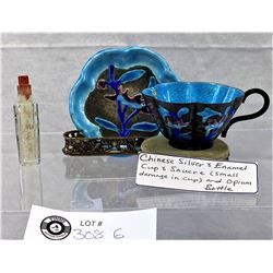 Chinese Silver And Enamel Cup And Saucer, Small Damage In Cup, And Opium Bottle