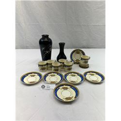 Nice Made In England Bone China Tea Cups And Saucers, 6 Plus 2 Black Lauqer Vases