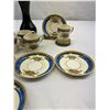 Image 6 : Nice Made In England Bone China Tea Cups And Saucers, 6 Plus 2 Black Lauqer Vases