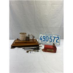 Old BC License Plate, Tools, Match Holder And Weather Station, Incomplete