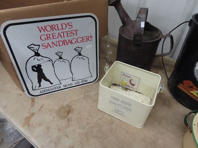Art on A Pail, Watering Can, Sandbagger Sign, & Roaster- Some Vintage