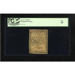 Continental Currency February 17, 1776 $2/3 PCGS