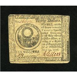 Continental Currency July 22, 1776 $30 Very Fine