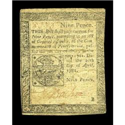 Pennsylvania April 20, 1781 9d Fine-Very Fine. A