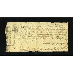 Virginia September 1, 1775 $5 Very Fine. A trul