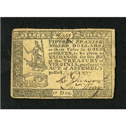 Virginia October 20, 1777 $15 Very Fine. A pleas