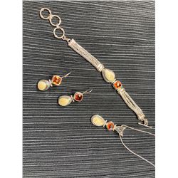 Sterling Silver Elk Ivory and Orange Quartz Bracelet, Pendant & Earrings