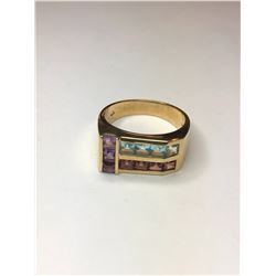 10K Yellow Gold Aquamarine,Garnet,Amethyst Ring