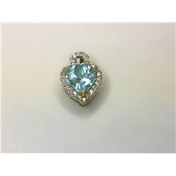 10K White Gold Blue Topaz & Diamond Heart Shaped Pendant
