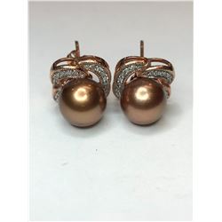 10K Rose Gold Chocolate Pearls and Diamond Earrings
