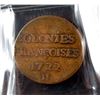 Image 1 : Colonial French 1722 H 9 Denier 6.2 gm. VF-20