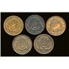 Image 1 : Tokens 1842-1844 A Lot of 5 Province of Canada Half Pennies Fine- Very Fine