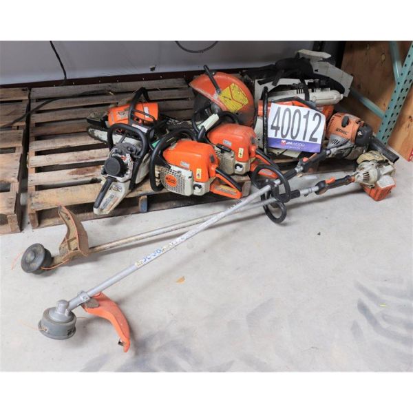 CHAIN SAWS, GRASS TRIMMERS, BACKPACK BLOWER, DEMOLTION SAW, Selling Offsite: Located in Alexander 