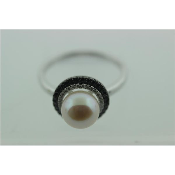 Jewel Craft, Joe Karcher  14 kt Freshwater Cultured Pearl  Ring with Black and White Diamonds