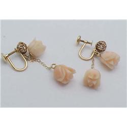 Carved coral dangle earrings 14kt yello