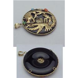 Black onyx pendant with dragons 14kt ye