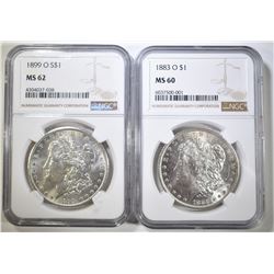 NGC GRADED MORGANS; 1883-O MS-60 & 1899-O MS-62
