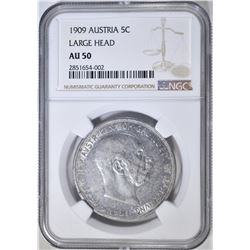 1909 AUSTRIA 5 CORONA  LARGE HEAD NGC AU-50