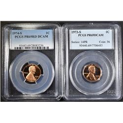 1973-S & 74-S LINCOLN CENTS PCGS PR-69 RD DCAM
