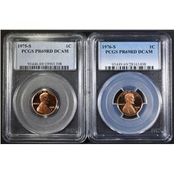 1975-S & 76-S LINCOLN CENTS PCGS PR-69 RD DCAM