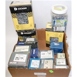BOX OF ASSORTED SCREWS RIVETS NAILS AND MORE