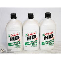 THREE 1 LITRE JUGS OF CASTROL HEAVY DUTY SAE30 OIL