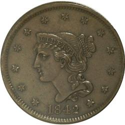 1842 1C Large Date MS64 Brown NGC. N-9. NGC Census: (2