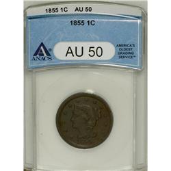 1855 1C Upright 5s AU50 ANACS. NGC Census: (7/492)