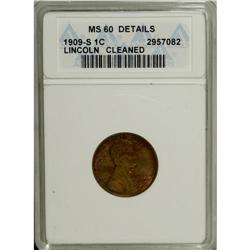 1909-S 1C Brown--Cleaned--ANACS. MS60 Details. NGC Cen