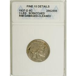 1937-D 5C Three-Legged--Cleaned, Rim Damaged, Scratc