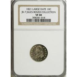1821 10C Large Date VF30 NGC. JR-7. Ex: Jules Reiv