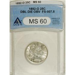 1892-O 25C MS60 ANACS. Double Die Obverse, FS-007.8. N