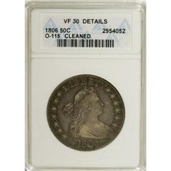 1806 50C Pointed 6, Stem--Cleaned--ANACS. VF30 Details