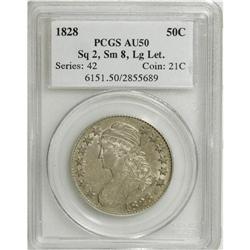 1828 50C Square Base 2, Small 8, Large Letters AU50