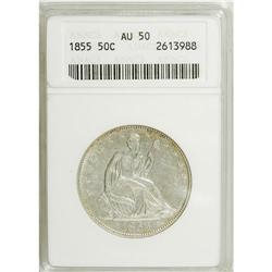 1855 50C Arrows AU50 ANACS. NGC Census: (3/91). PC