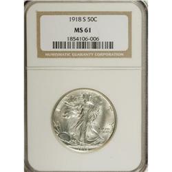 1918-S 50C MS61 NGC. NGC Census: (32/429). PCGS Po