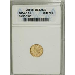 1854-S G$1 --Cleaned--ANACS. AU58 Details. NGC Cens