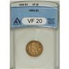 Image 1 : 1854 $3 VF20 ANACS. NGC Census: (19/2698). PCGS Po
