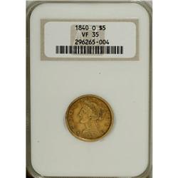1840-O $5 Narrow Mill VF35 NGC. NGC Census: (6/117