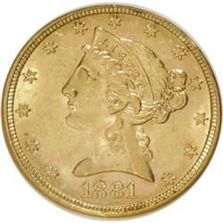 1881 $5 MS61 NGC. NGC Census: (2566/5838). PCGS Popula