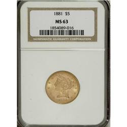 1881 $5 MS63 NGC. NGC Census: (1779/583). PCGS Pop