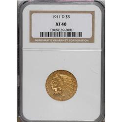 1911-D $5 XF40 NGC. NGC Census: (11/738). PCGS Pop
