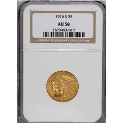 1916-S $5 AU58 NGC. NGC Census: (358/672). PCGS Po