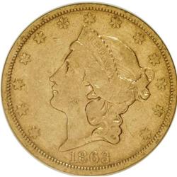 1863-S $20 VF35 NGC. NGC Census: (24/737). PCGS Popula