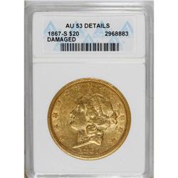 1867-S $20 --Damaged--ANACS. AU53 Details. NGC Cens